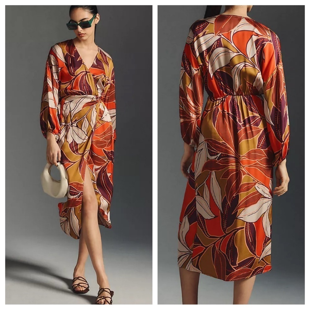 Anthropologie brown and orange floral print midi dress 20955